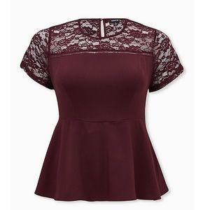 BURGUNDY PURPLE CREPE & LACE PEPLUM - TORRID SZ 4
